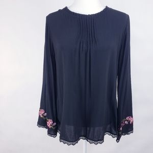 Long Black Flowy Long Sleeve Floral Blouse